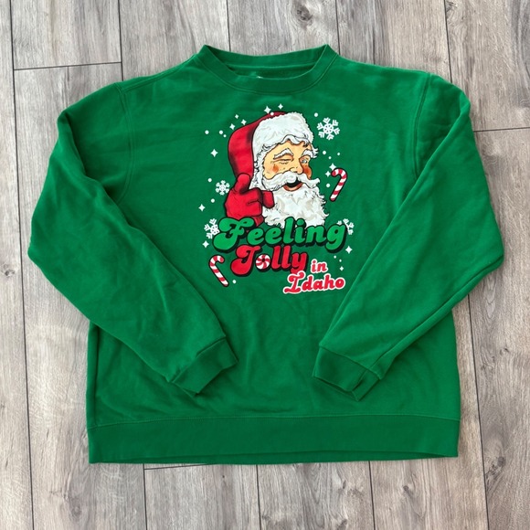 Home Free Tops - Home Free Womens Green Santa Feeling Jolly in Idaho Christmas Sweatshirt Large